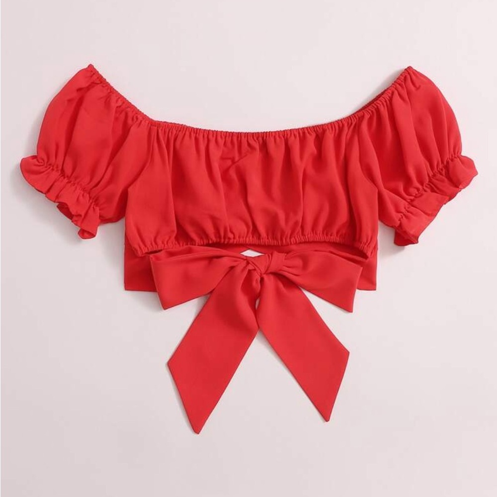 SHEIN Soleia Tied Hem Puff Sleeve Crop Top red size large - Picture 2 of 2
